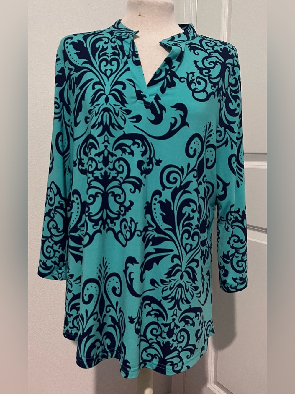 V-Neck Teal Tunic with Navy Damask Print